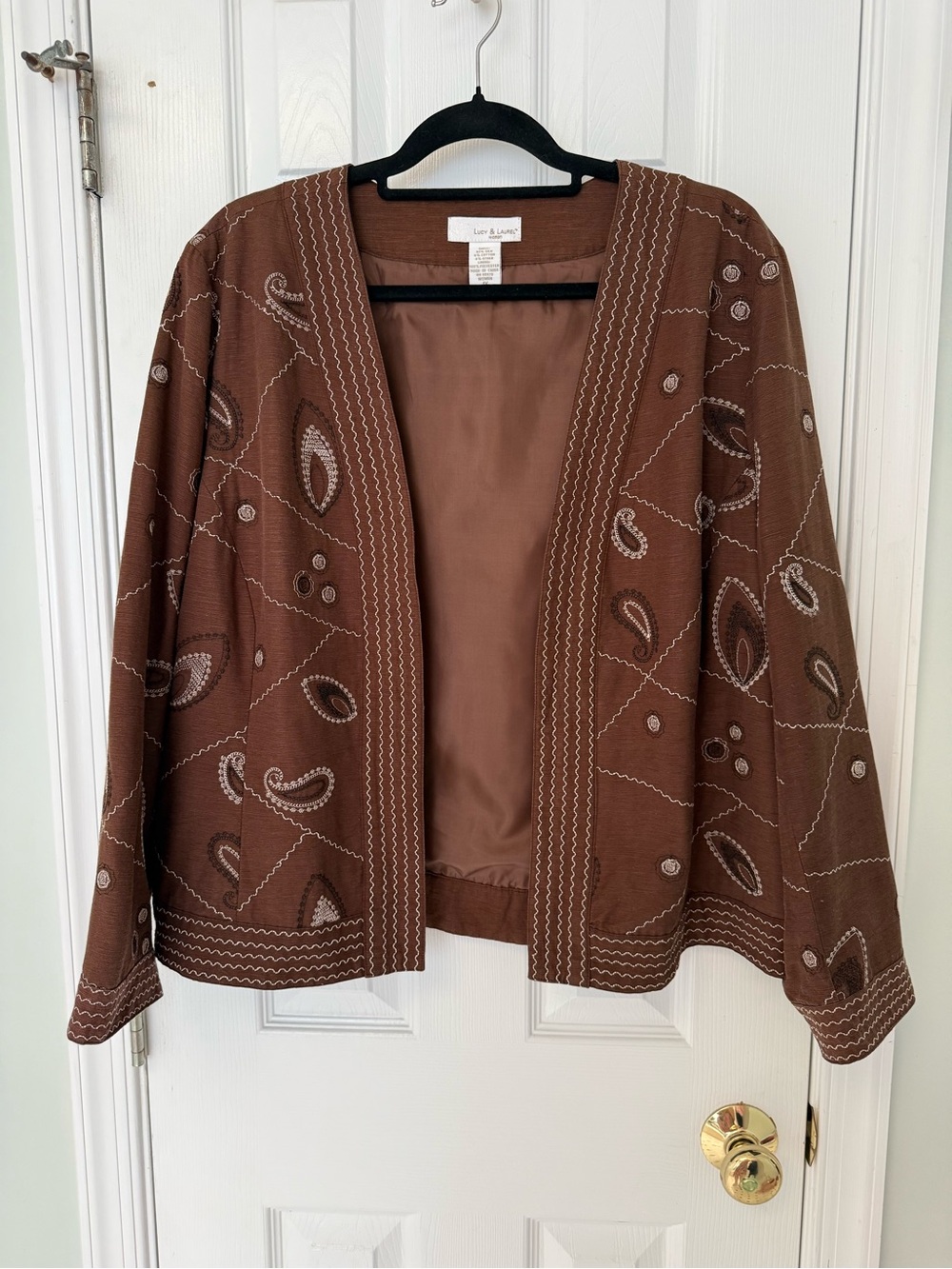 Lucy and Laurel Silk Embroidered Open-Front Jacket 1X Brown boho lagenlook